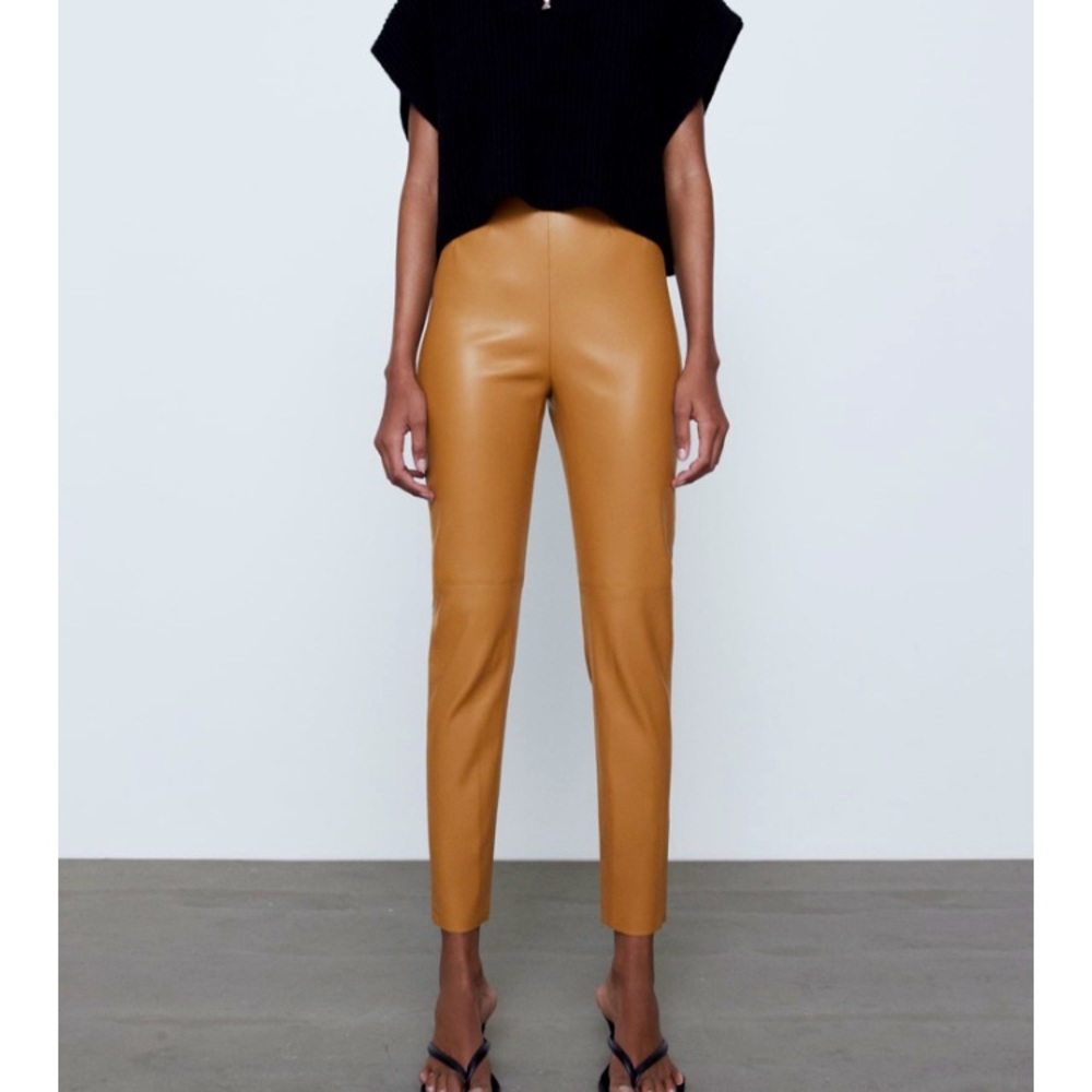 Zara Faux Leather High-Waisted Leggings- Brown